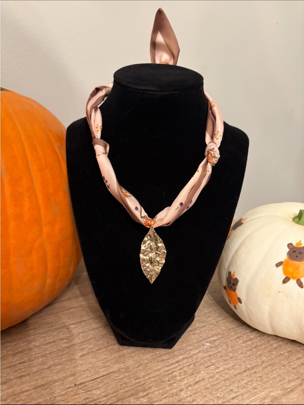 Scarf Necklace with Gold Leaf Pendant